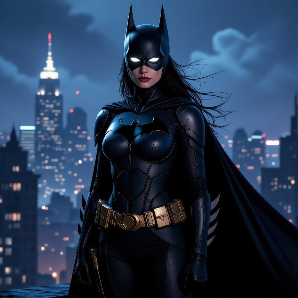 Female Batman on Gotham Rooftop at Night