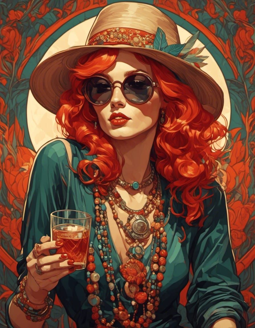 Art Deco Portrait of Redhead in Hippie Outfit