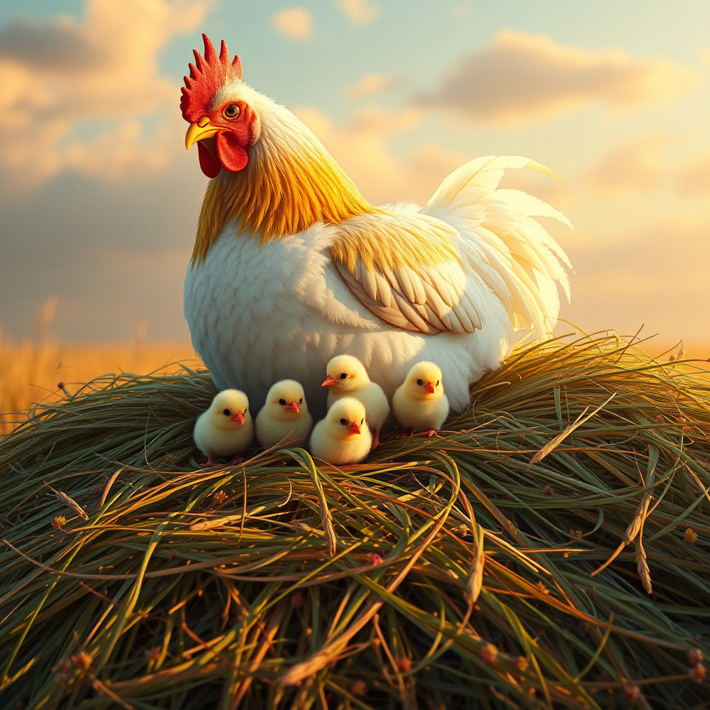 Protective Hen with Chicks on Hay Bale