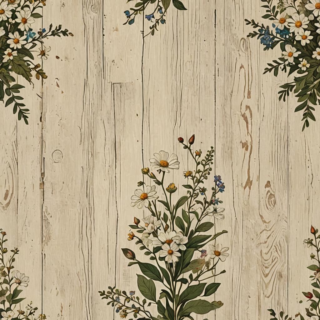 Vintage Wallpaper with Pressed Flowers Bouquet