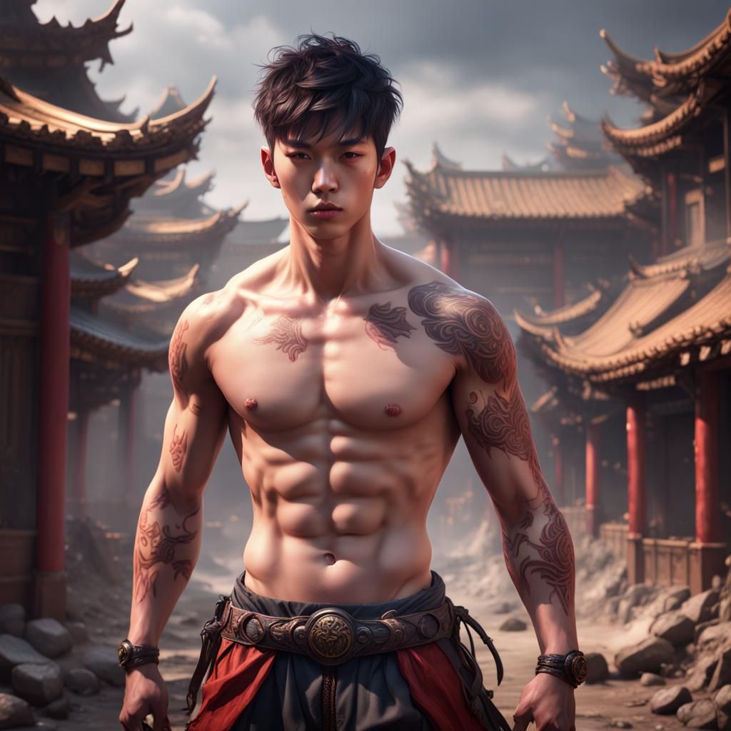 Attractive Asian Man with Abs: Digital Matte Painting