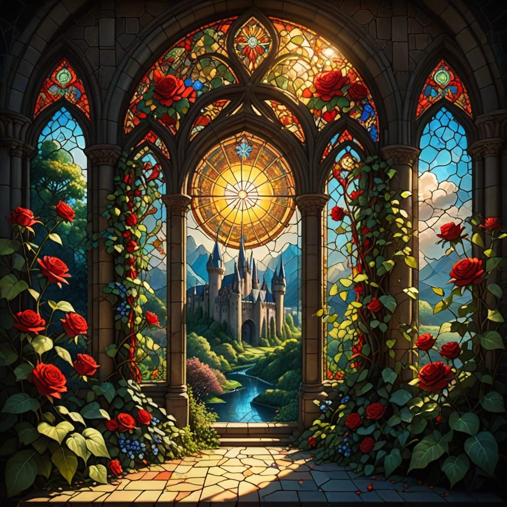 Stained Glass Window with Sunbeams and Floral Castle