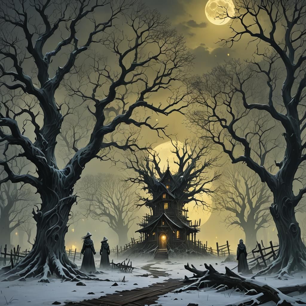 Eerie Moonlit Farm with Mist Figures: Dark Fantasy Art