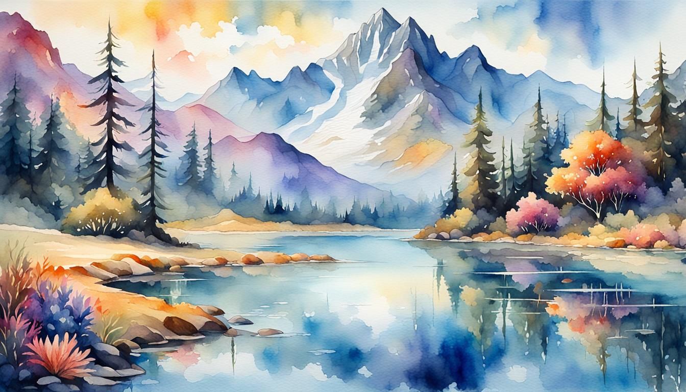 Ethereal Watercolor Fantasy Landscape with Mystical Being