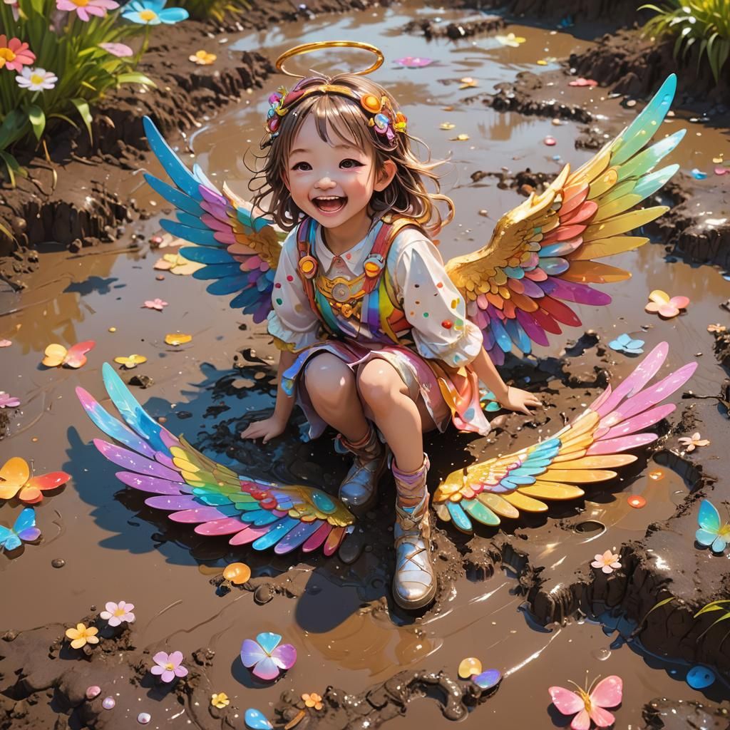 Laughing Anime Angel Girl in Dreamlike Landscape