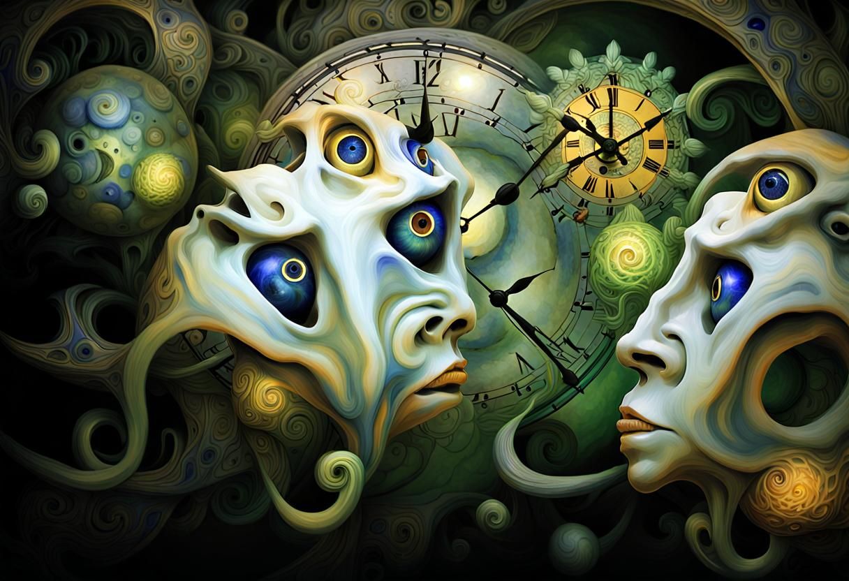 Two yellow jesters with lapiz lazuli crystal clock heads, Me...