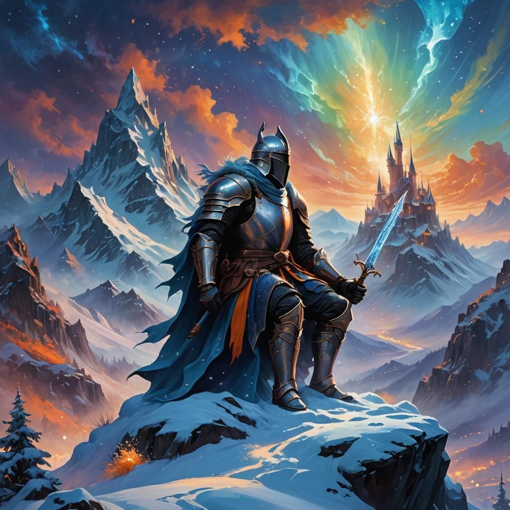Knight and Wizard on Snowy Mountain, Oil Painting