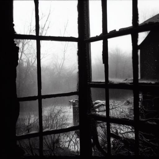 Goth Model in Decaying House, Grainy Black and White Film St...