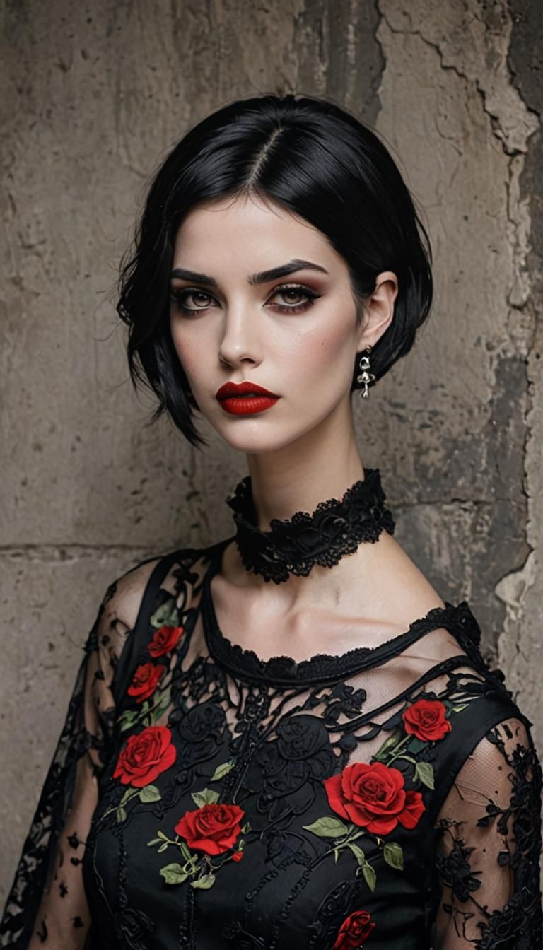 Gothic Spanish Beauty with Dark Hair and Red Lips