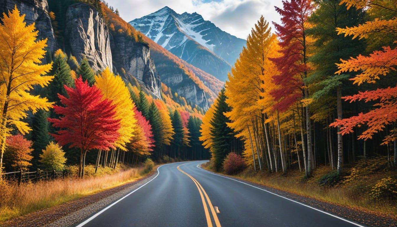 Mountainous Train Landscape with Autumn Colors and Bridges