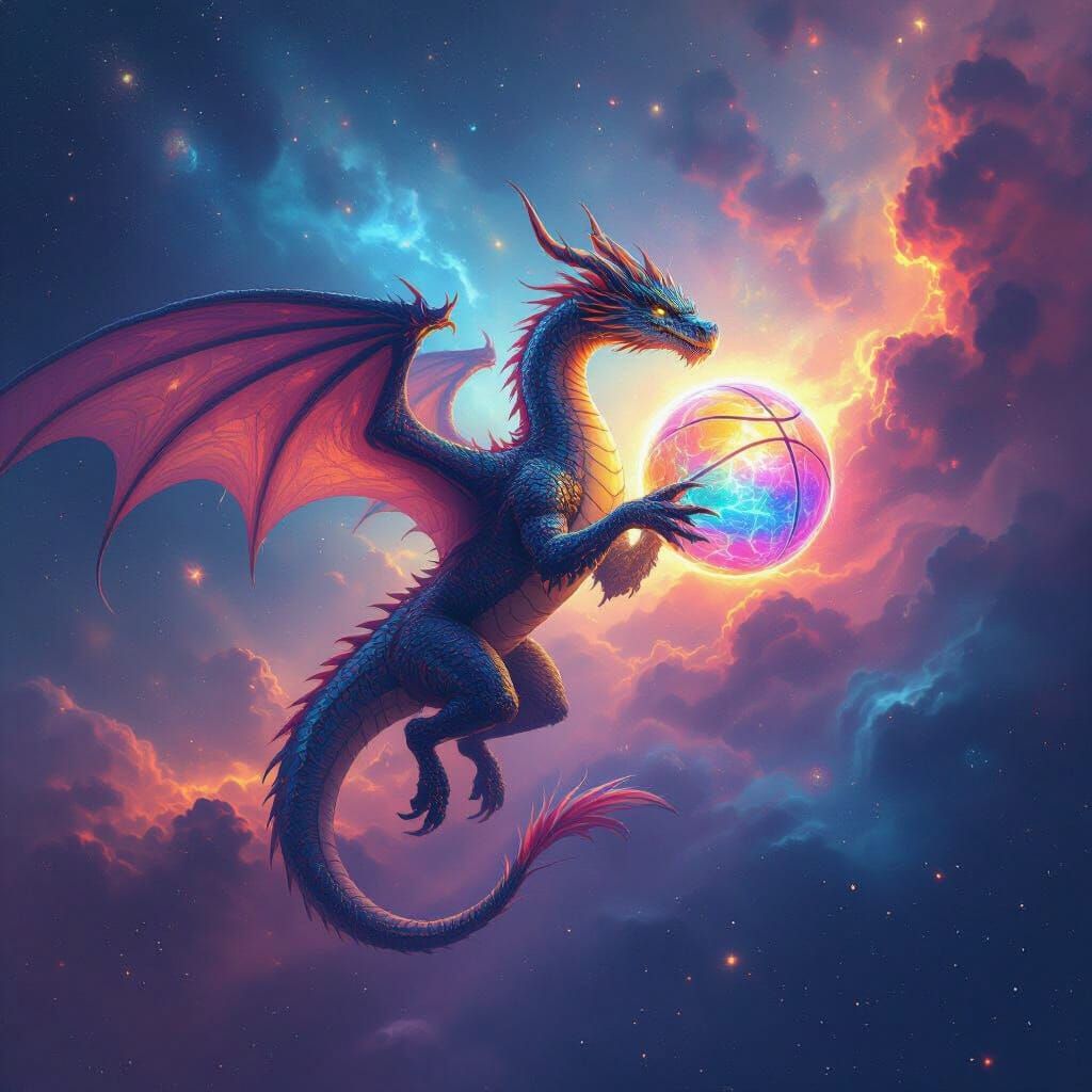 Dragon Soars Through Nebula Clutching Glowing Basketball
