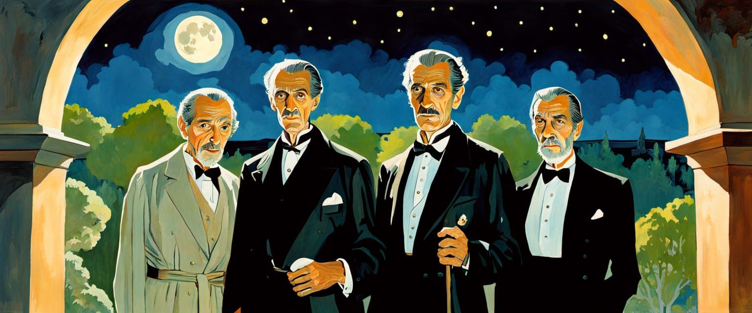 Classic Horror Icons in Moonlit Crypt: Gouache Watercolor