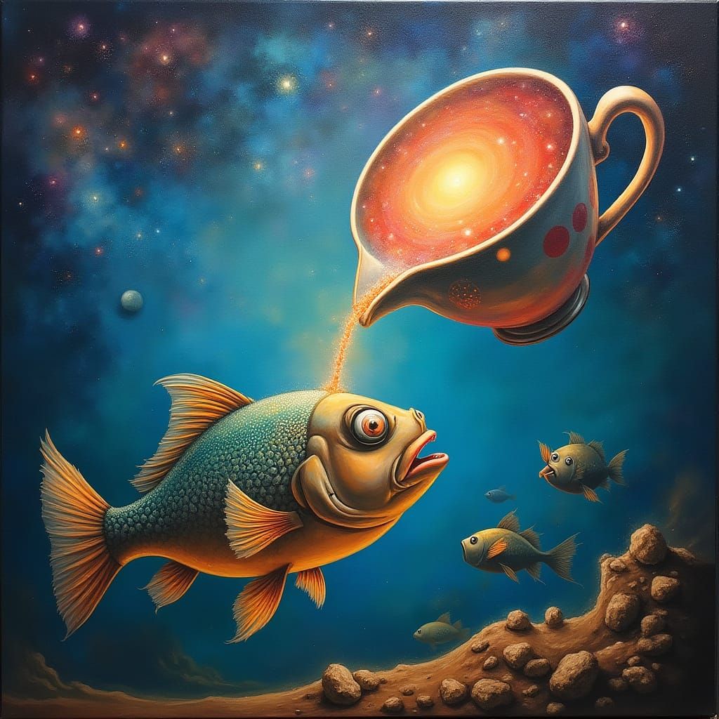 Surrealist Oil Painting of Floating Teacup Pouring Galaxy in...