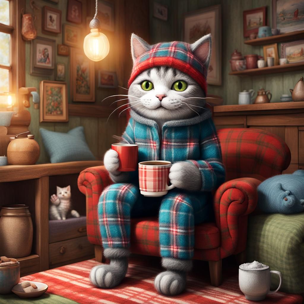 Smiling Felt Cat in Plaid Pajamas