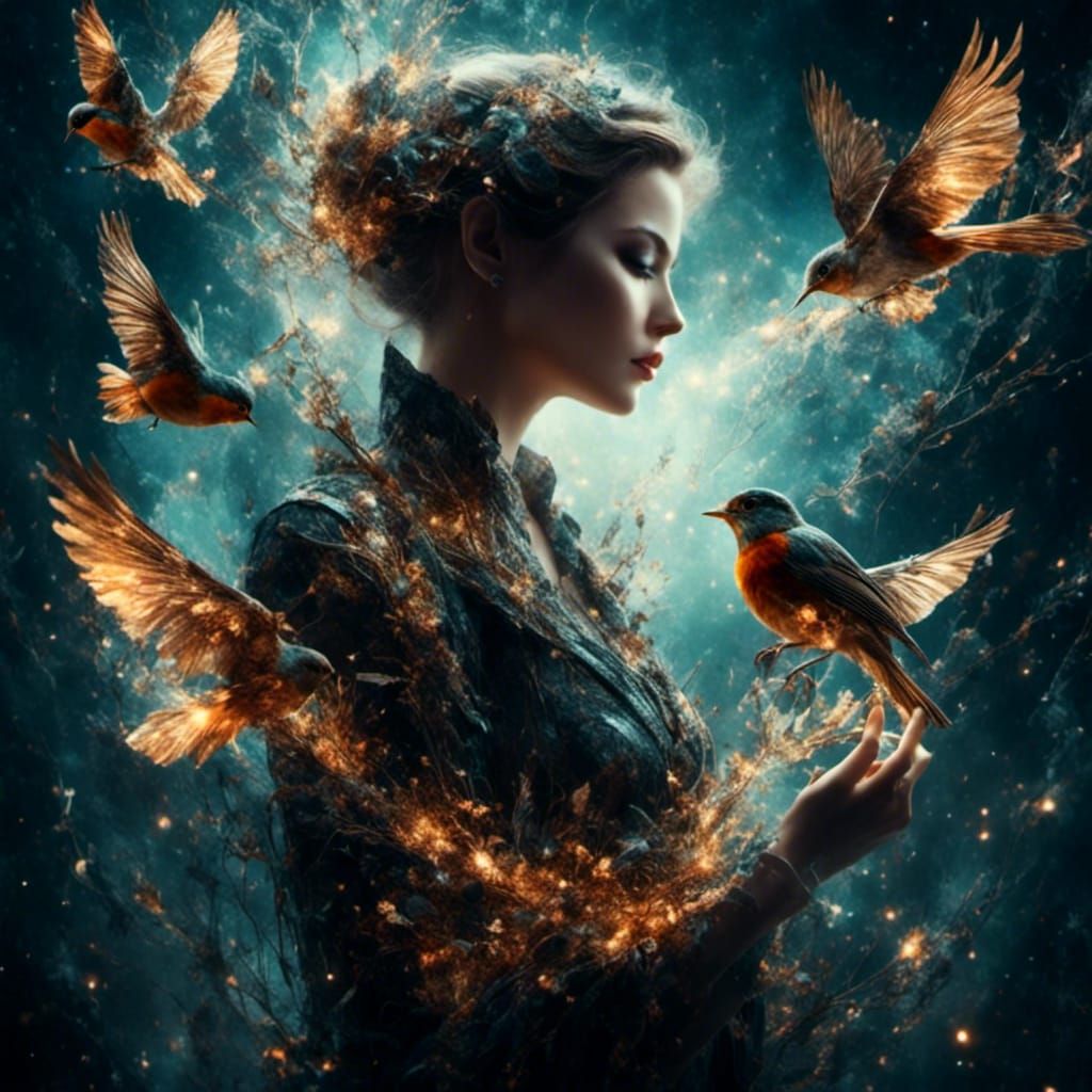 Double Exposure: Woman, Robins, and Cosmic Magic