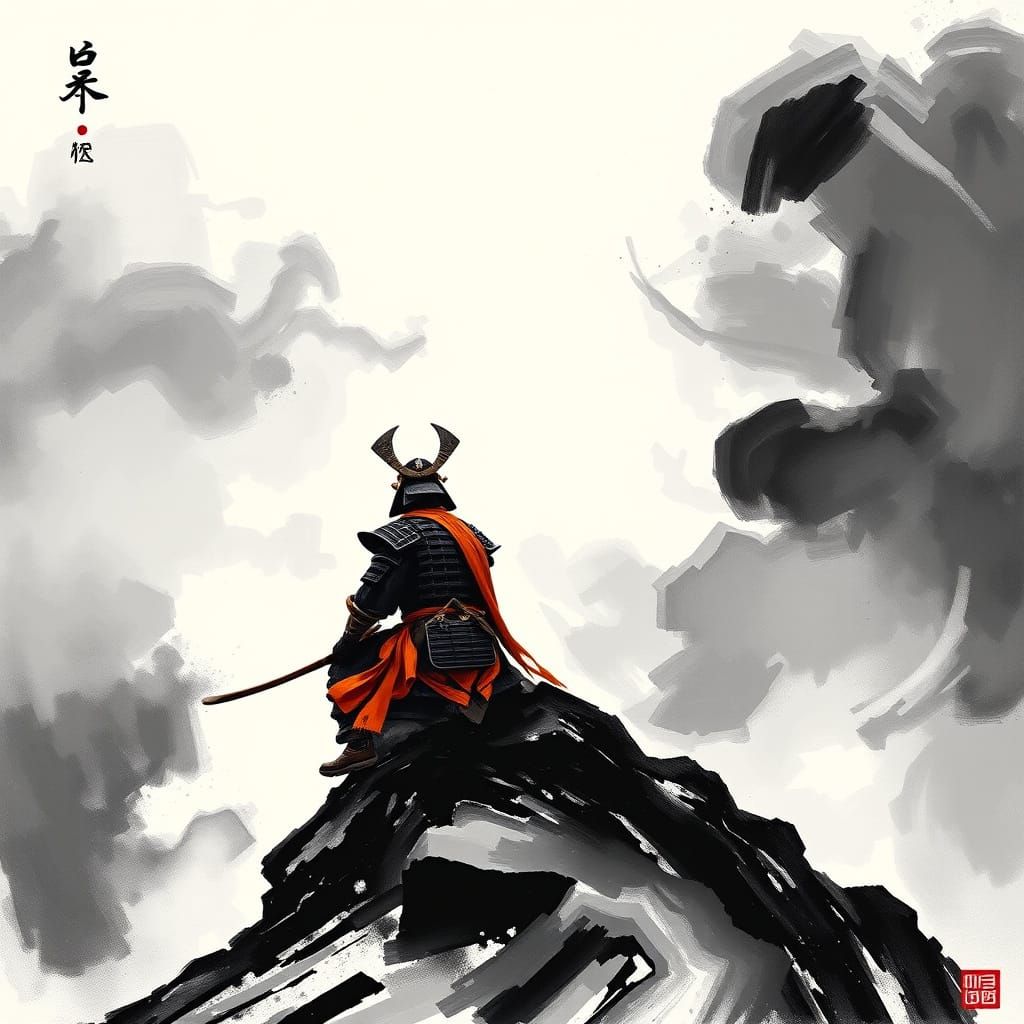 Samurai in Serene Mountain Contemplation