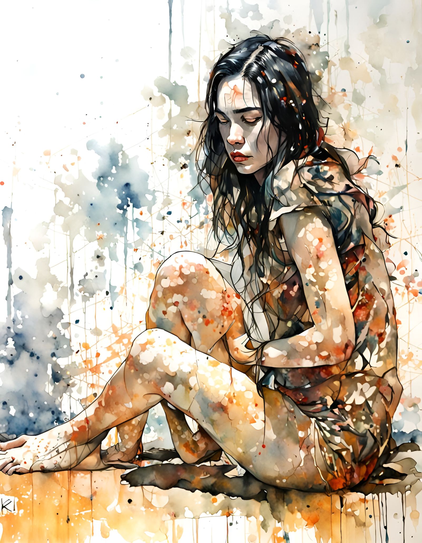 Watercolor Portrait of Kneeling Woman with Fine Details