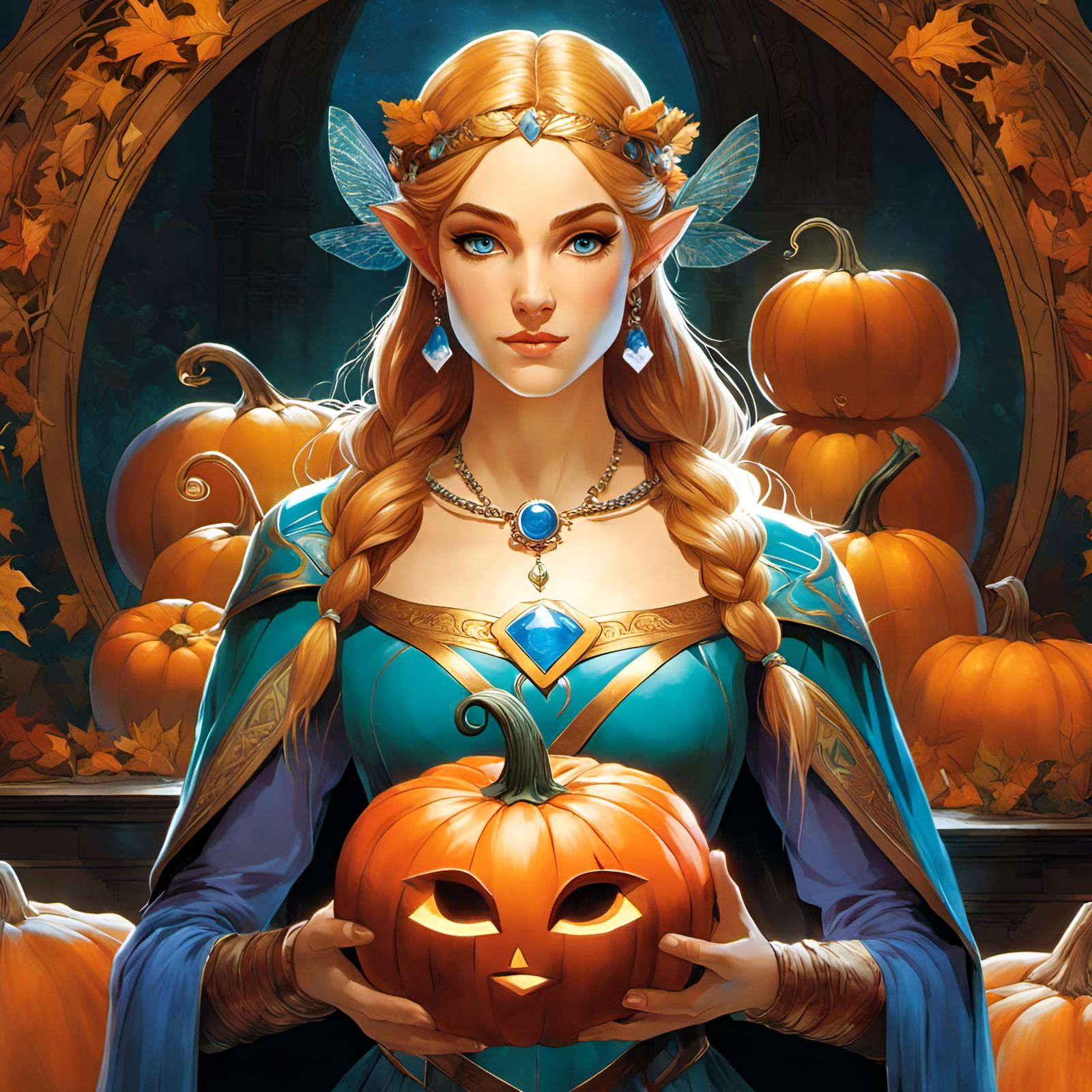 Zelda Portrait Holding Pumpkin in Renaissance Style