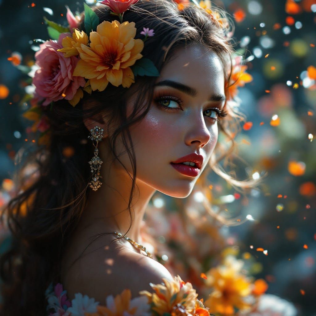 Stunning Woman in Flowery Dress: Hyperdetailed Portrait
