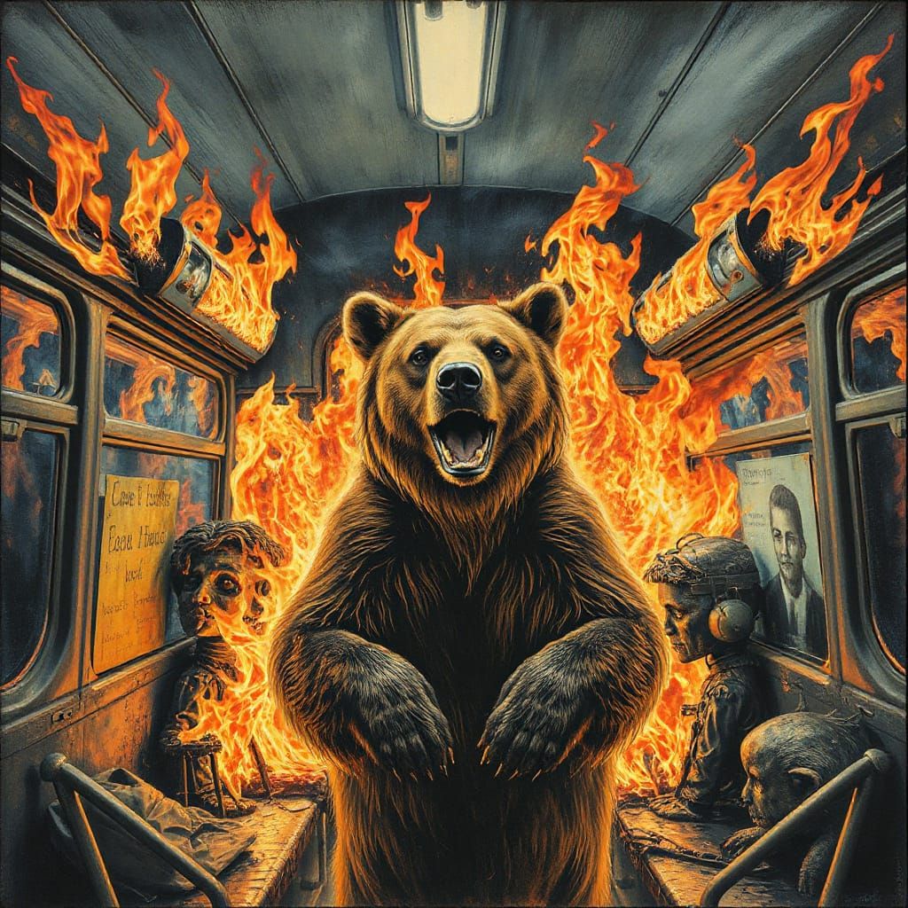 Surreal Bear in Burning Bus