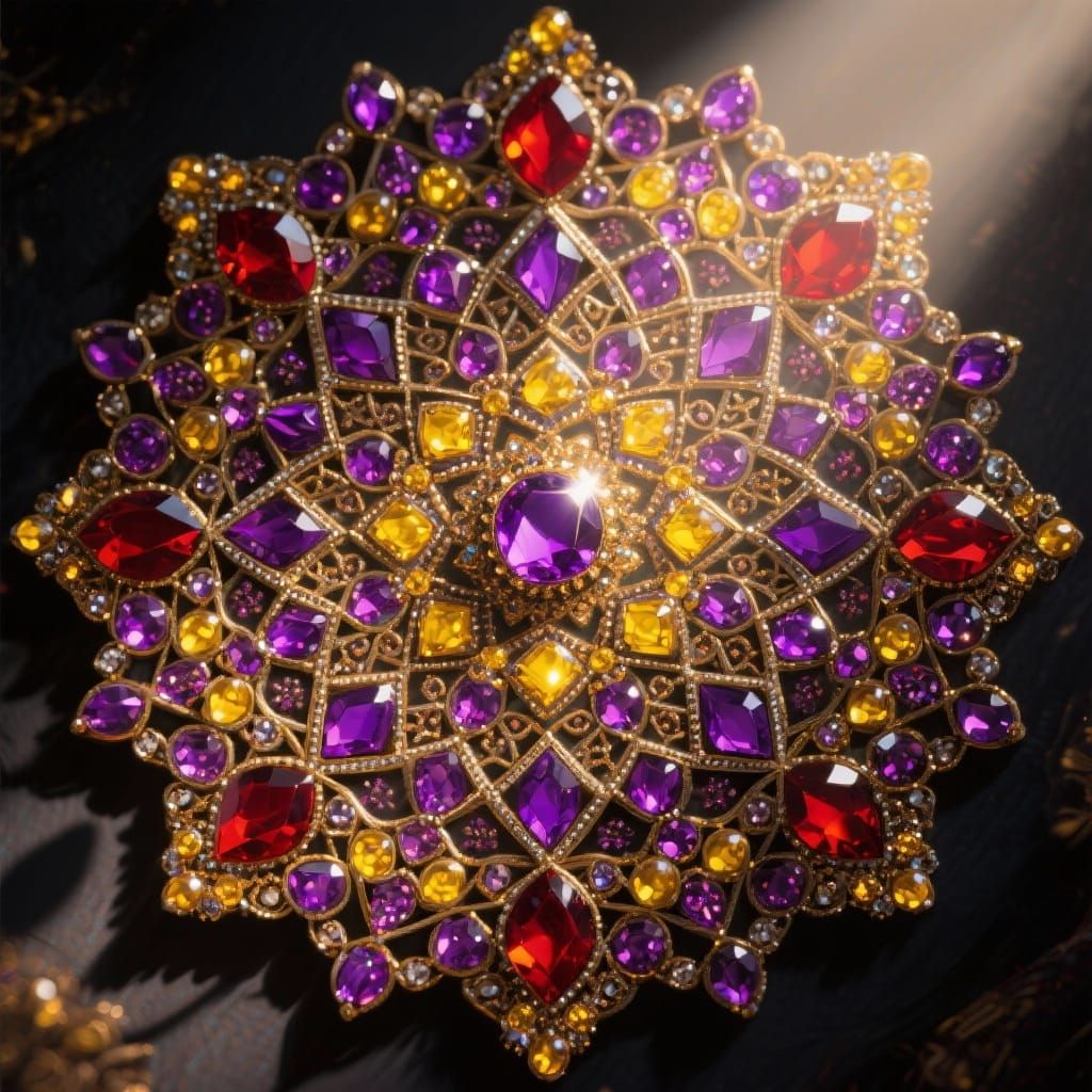 Intricate Mandala Jewel Pattern in Purple, Red, and Yellow