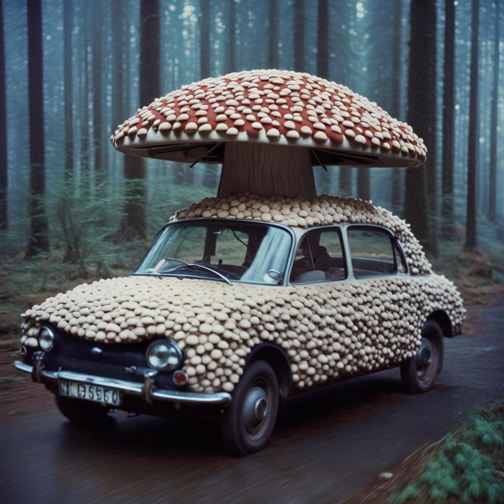 Mushroom Car in Black Forest, 1960s Film Style