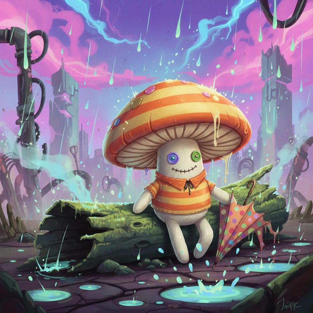 Mushroom Plush Toy in Whimsical Post-Apocalyptic Scene