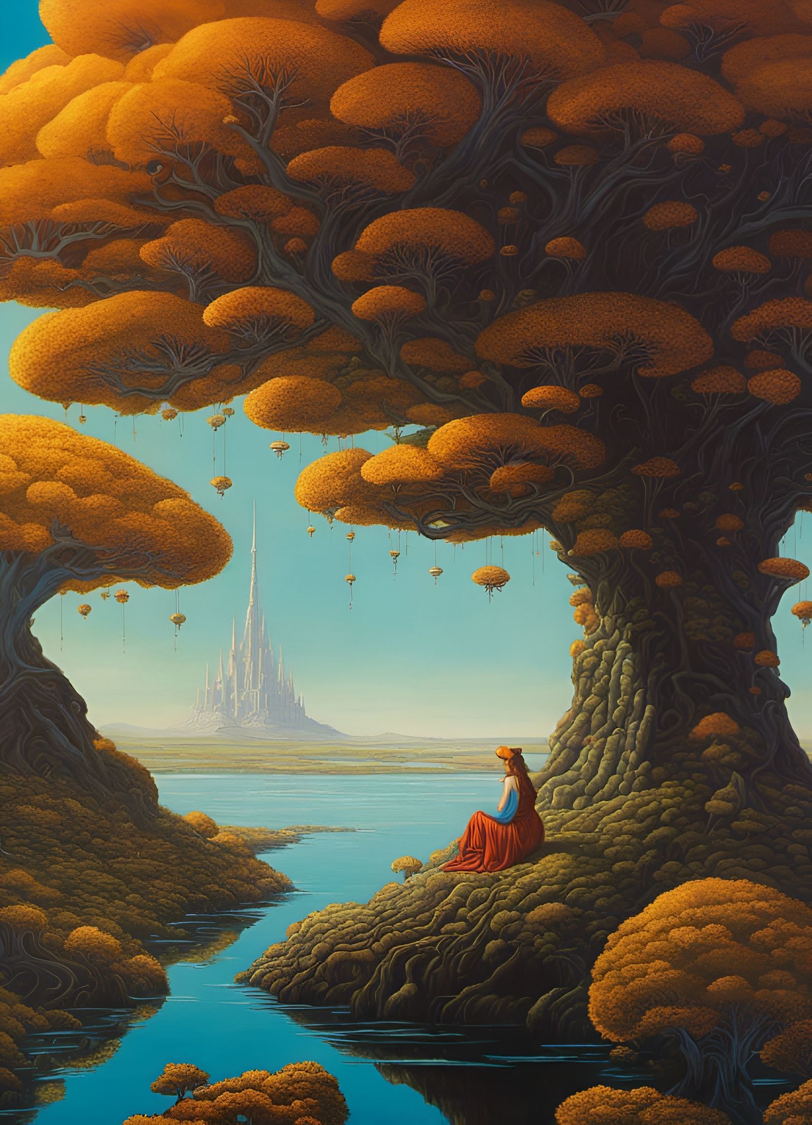 Surreal Woman Under Tree in Fantasy Landscape