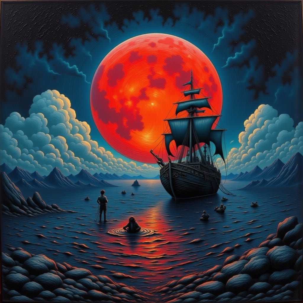 Pirate Ship Sailing Under a Blood Moon