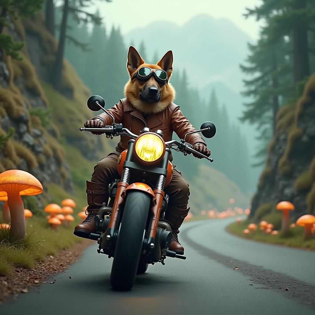 Dog Rides Motorcycle on Mountain Road