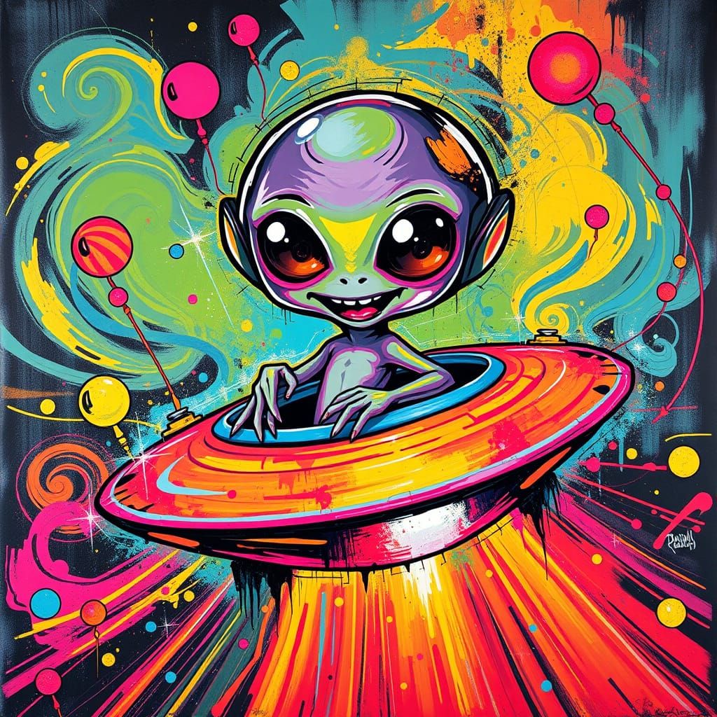 Cute Alien Cruising in a Vibrant Flying Saucer