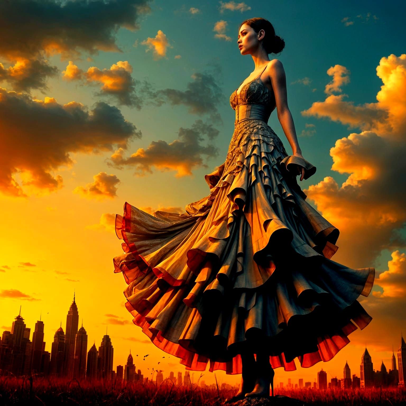 Rocket Woman in Flowing Silk Gown Sunset Garden
