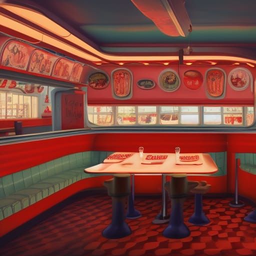 Nostalgic 1950s Diner in Detailed Matte Painting Style