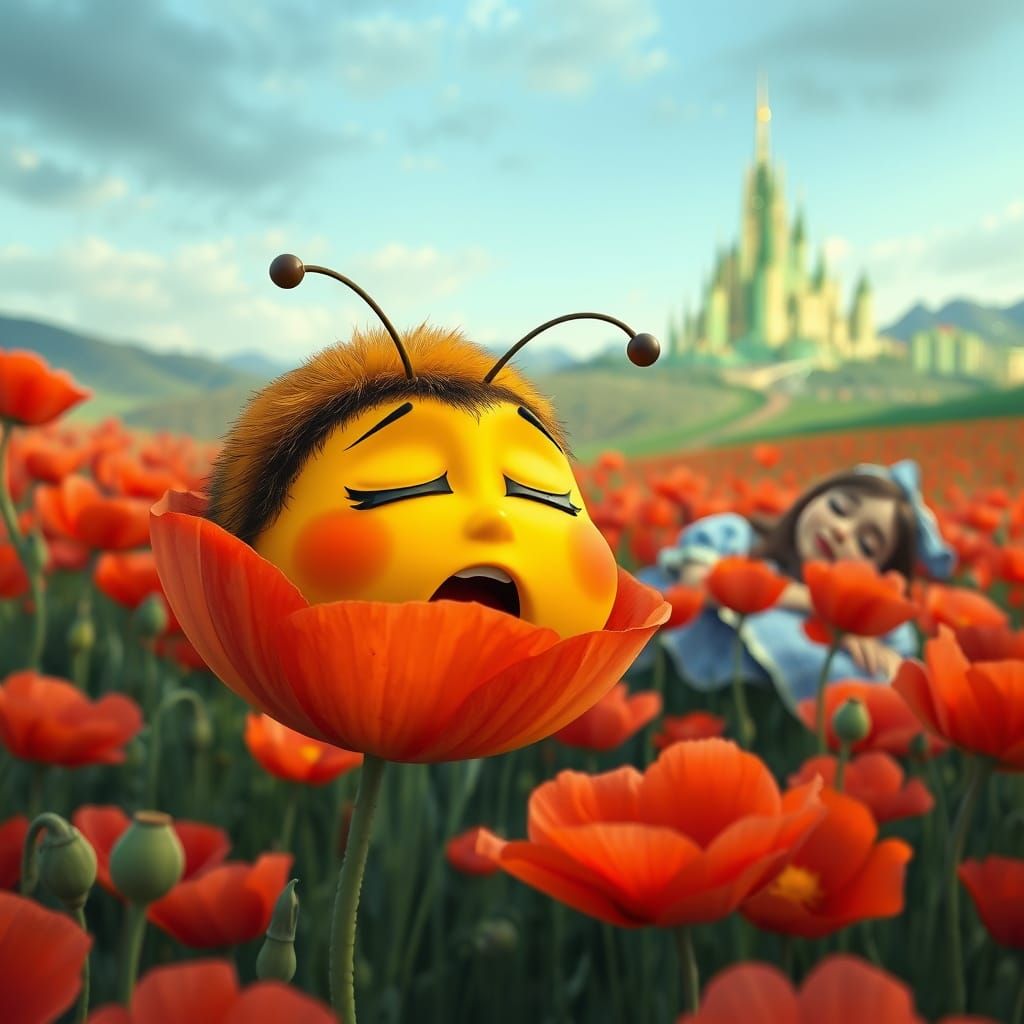 Sleepy Cartoon Bumblebee in Poppy Field, Dreamy Style
