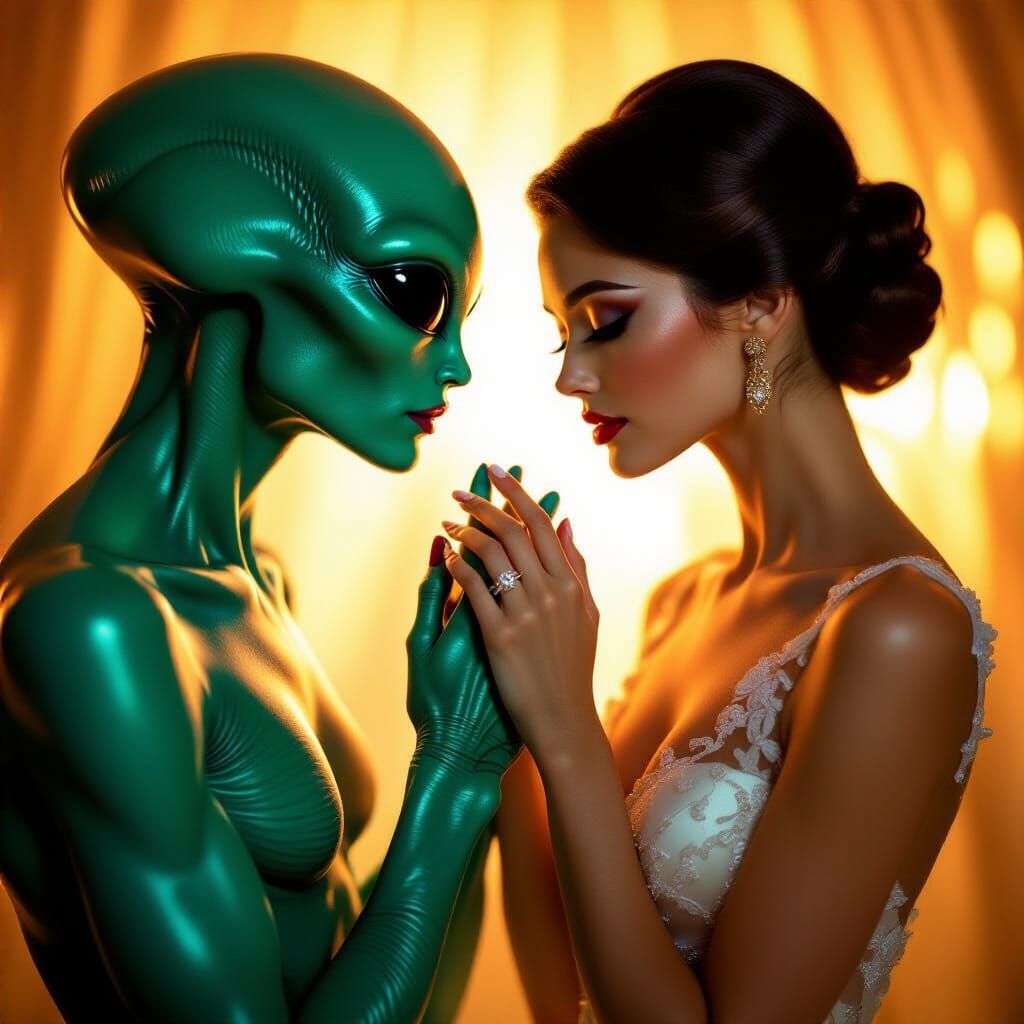 Sensual First Contact: Glamorous Woman and Alien