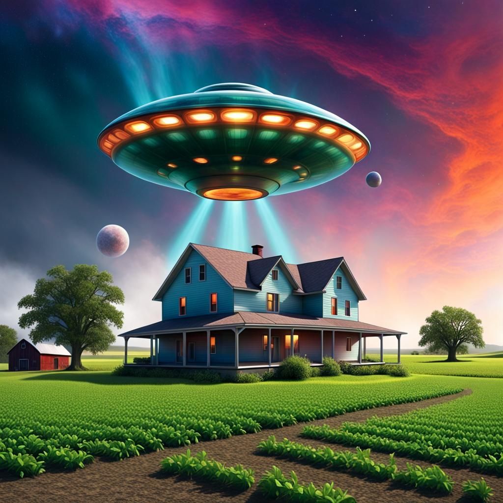 Alien Spaceship Above Farmhouse in Colorful Landscape