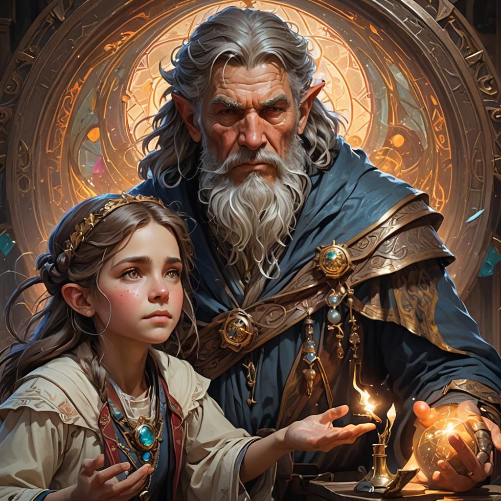 Sorcerer Teaching Apprentice: Detailed Fantasy Portrait