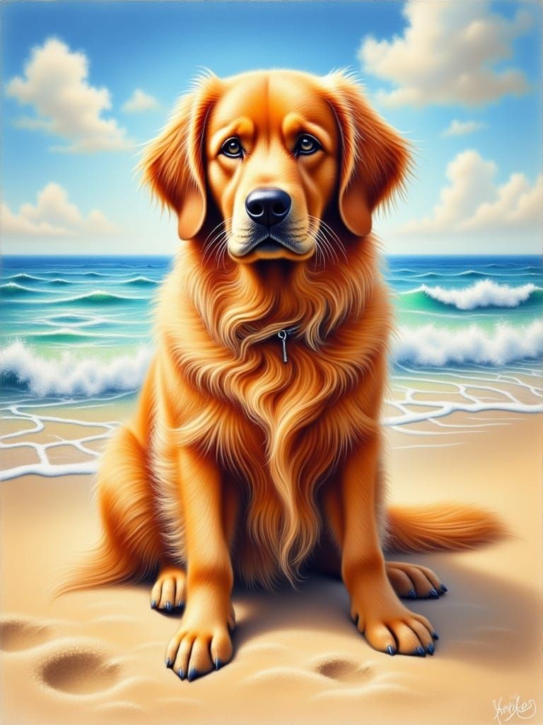 Serenely Seated Golden Retriever on Sun-Kissed Beach in Vibr...