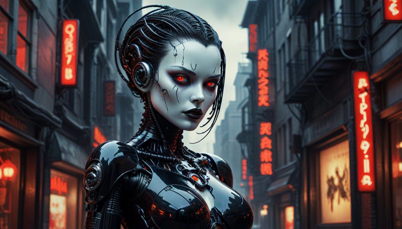 Gothic Gynoid Cyborg in Cyberpunk Cityscape