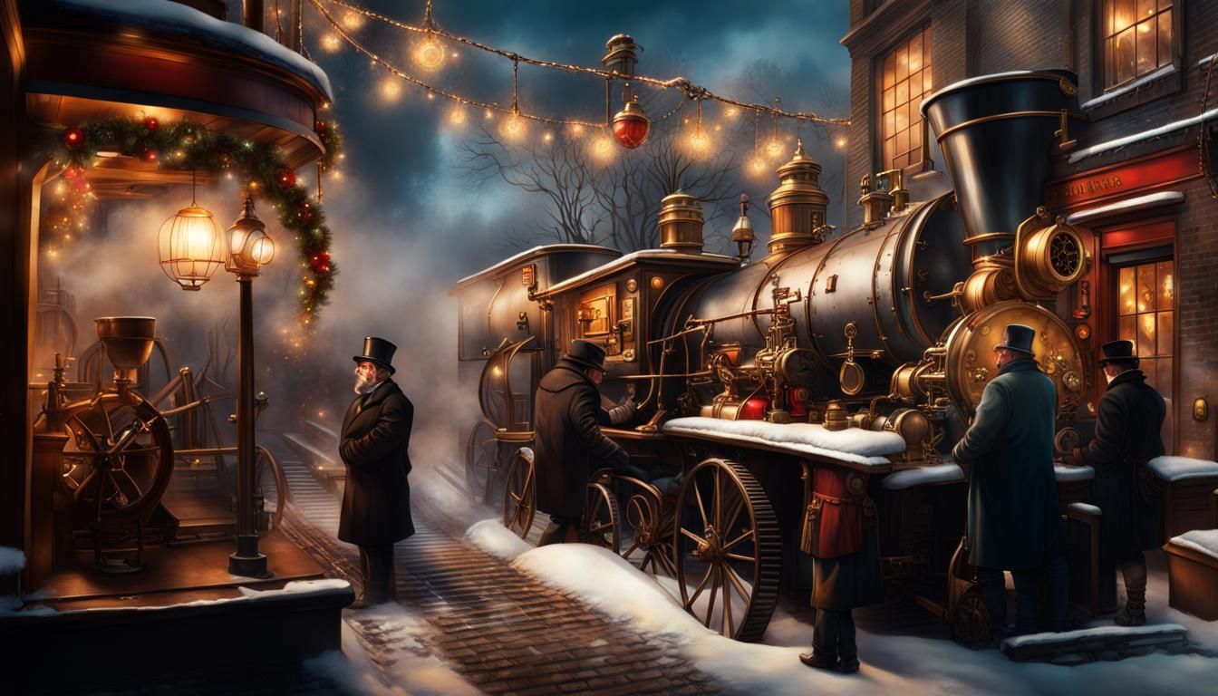 Steampunk era, Dickens Christmas scene with steam-powered machinery Hyperrealistic, splash art, concept art, mid shot, i...