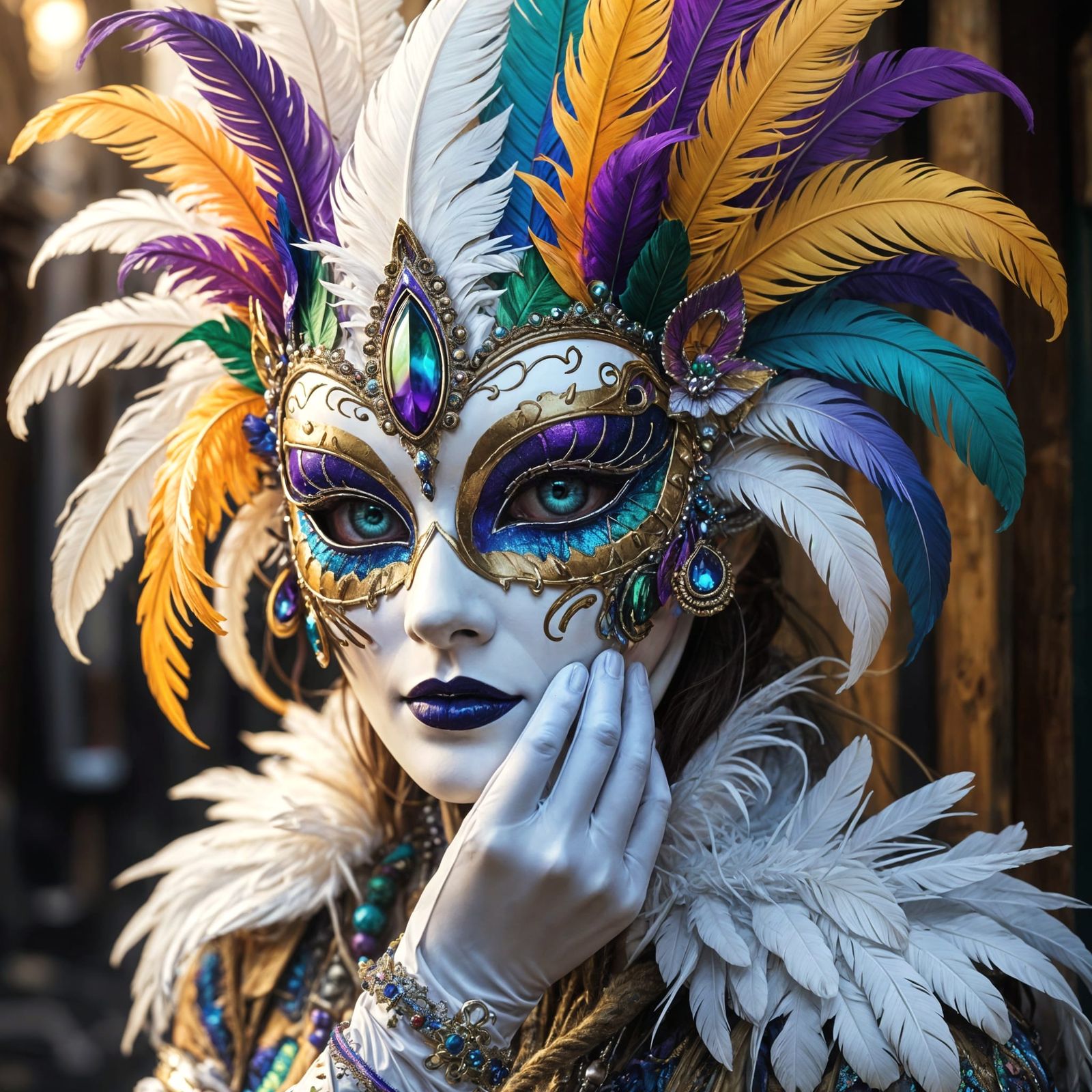 Iridescent Feather Mask Reveals Paradise