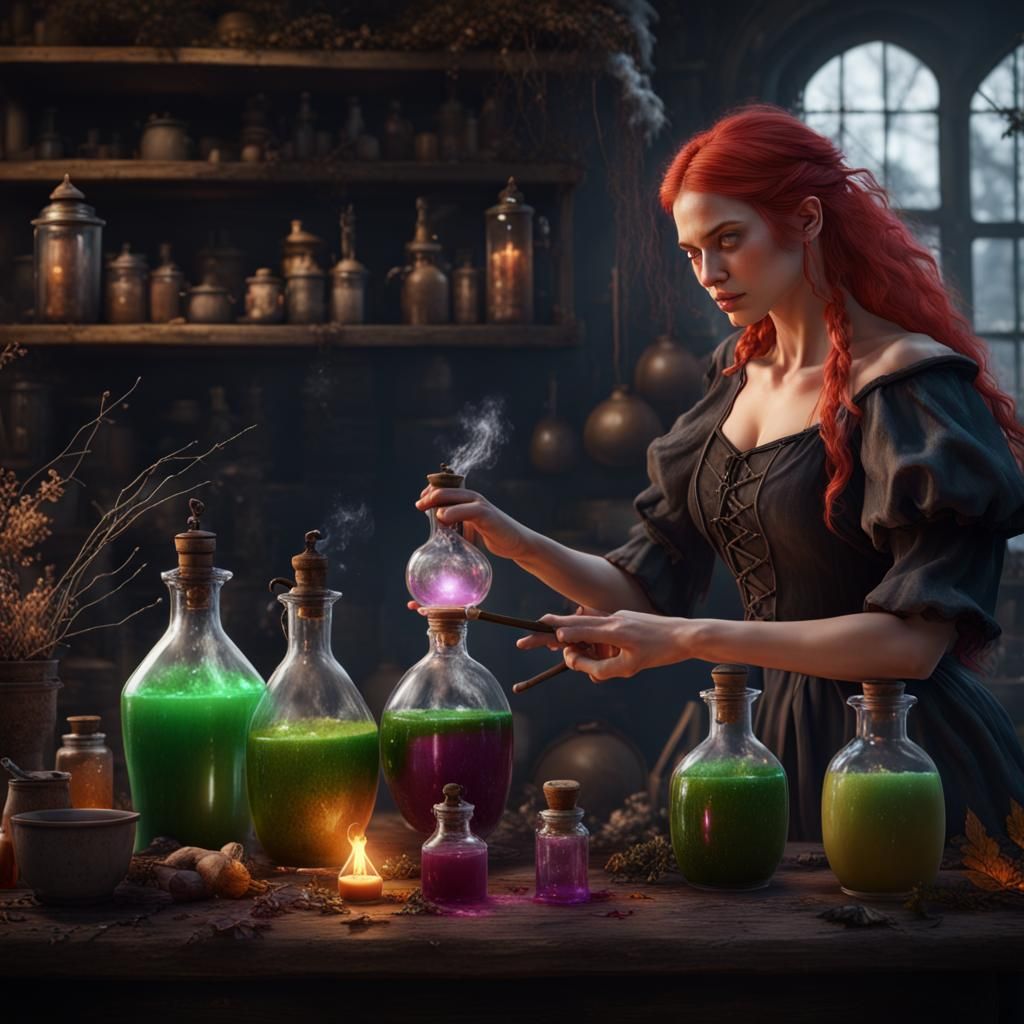 Witch and Fairy Potion Brewing: Detailed Fantasy Art