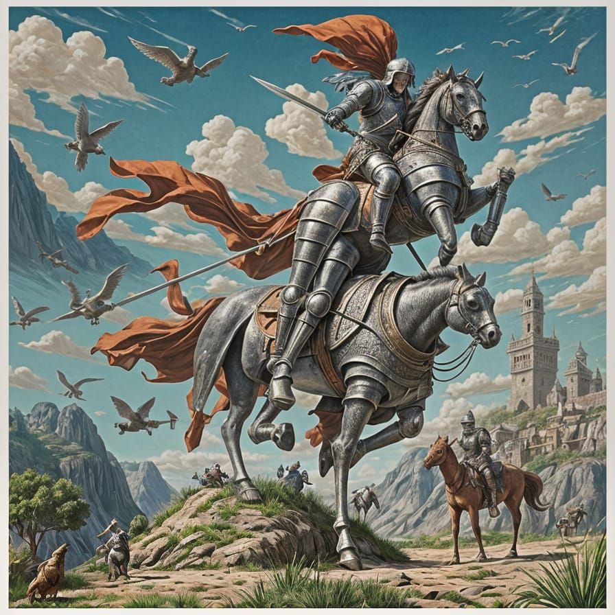 Medieval Knight Rides Giant Chicken in Vector Art