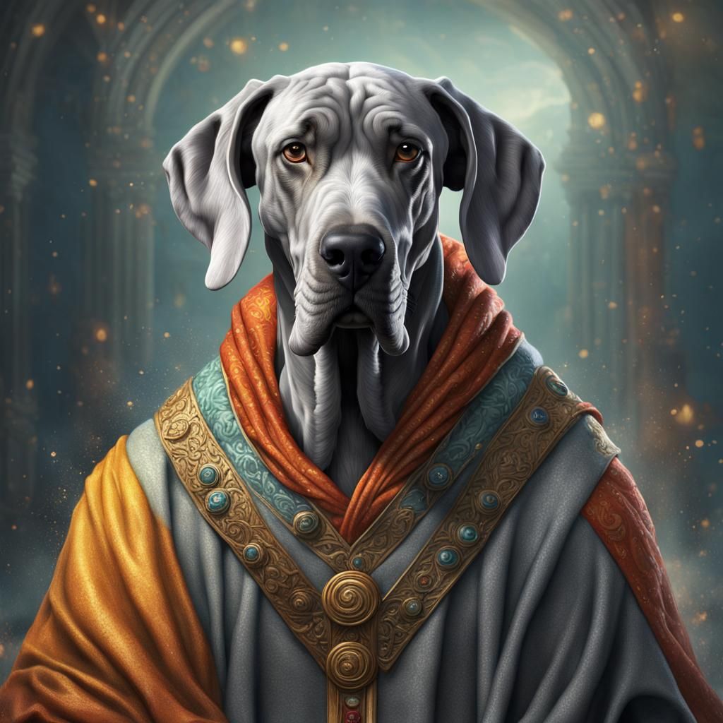 Hyperrealistic Great Dane Wizard in Splash Art Style