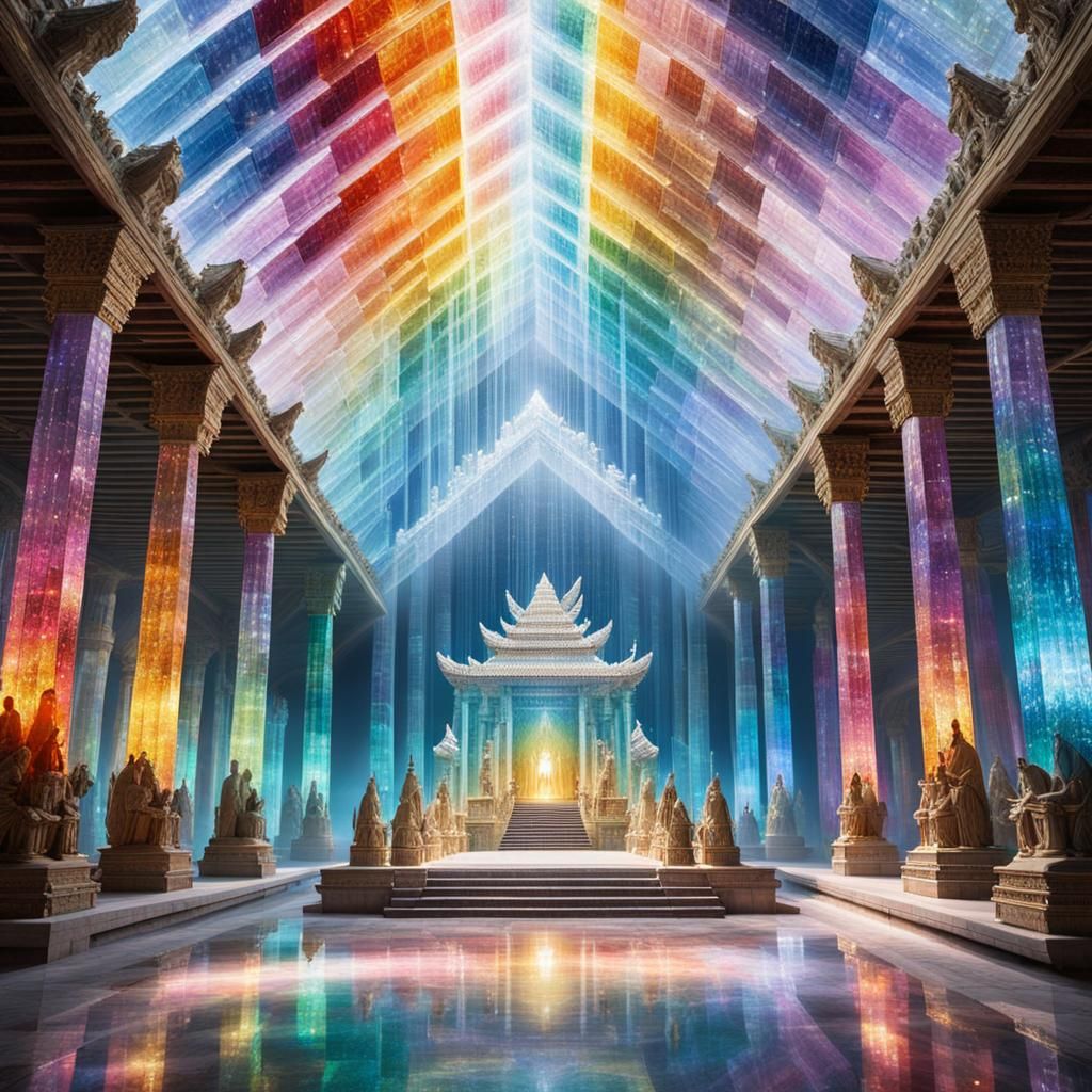 Rainbow Quartz Crystal Temple with Robed Figures