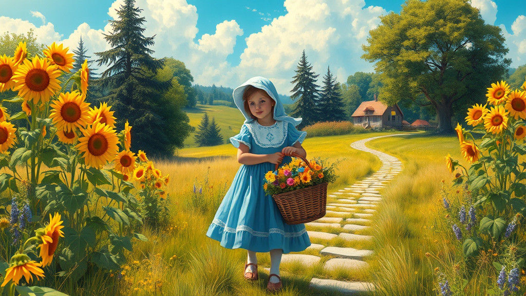 Girl with Flowers in Meadow, American Impressionism