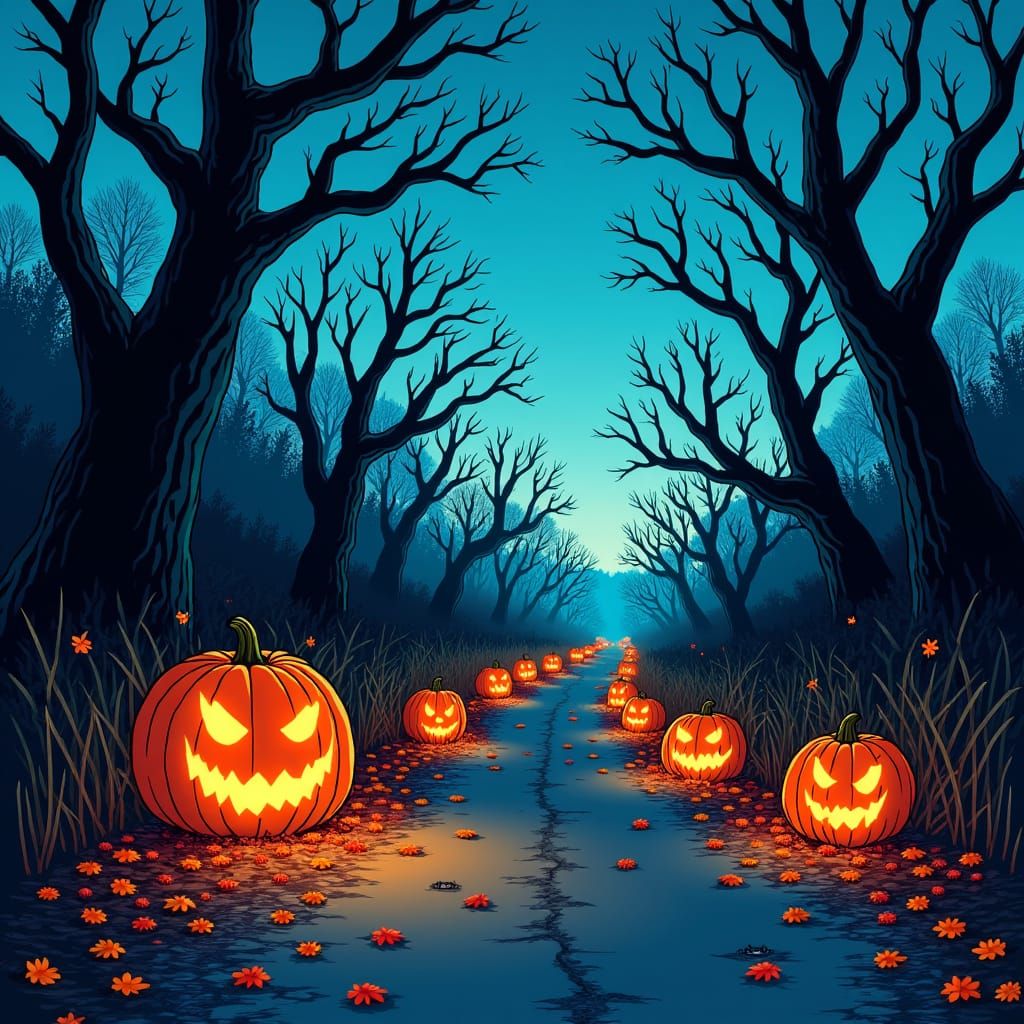 Halloween Road in Mignola-esque Comic Style