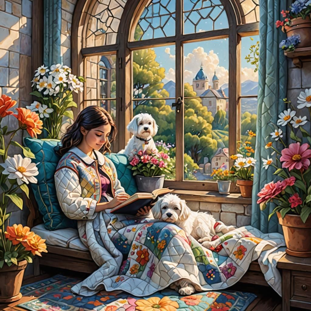 Quilted Blanket: Girl Reading with Maltese Dog