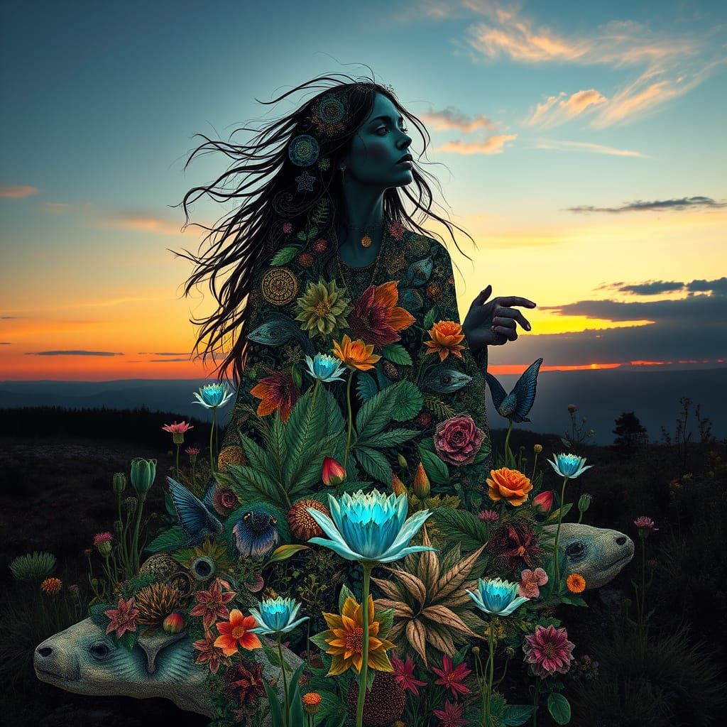 Dreamlike Encounter of Mystical Creatures in a Sunset Realm