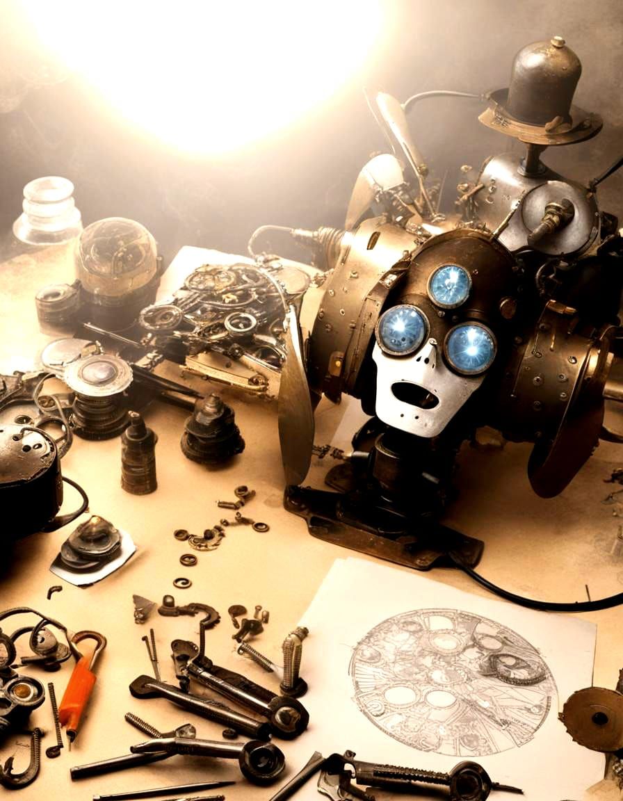 Steampunk Robot Head in Sci-Fi Style